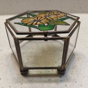 Hexagonal Glass Trinket Box with Floral Design